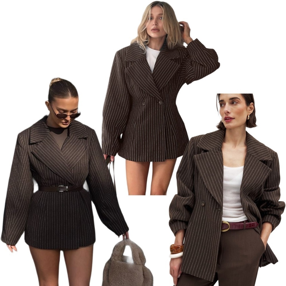 NA-KD Brown Wool Pinstripe Blazer Barrel Old Money Quiet Luxury 90s Retro Fall 6